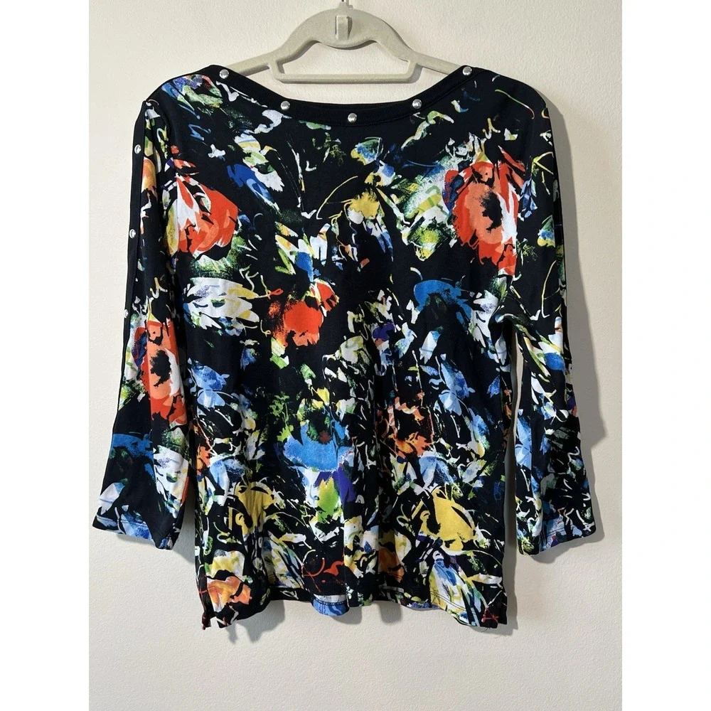 Rafaella Sweater Women XL Floral Studded 3/4 Sleeve Ribbed Pullover Black Fall